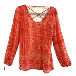 Studio Y Women S Orange Aztec Print Blouse Shirt Long Sleeve Boho Open Back